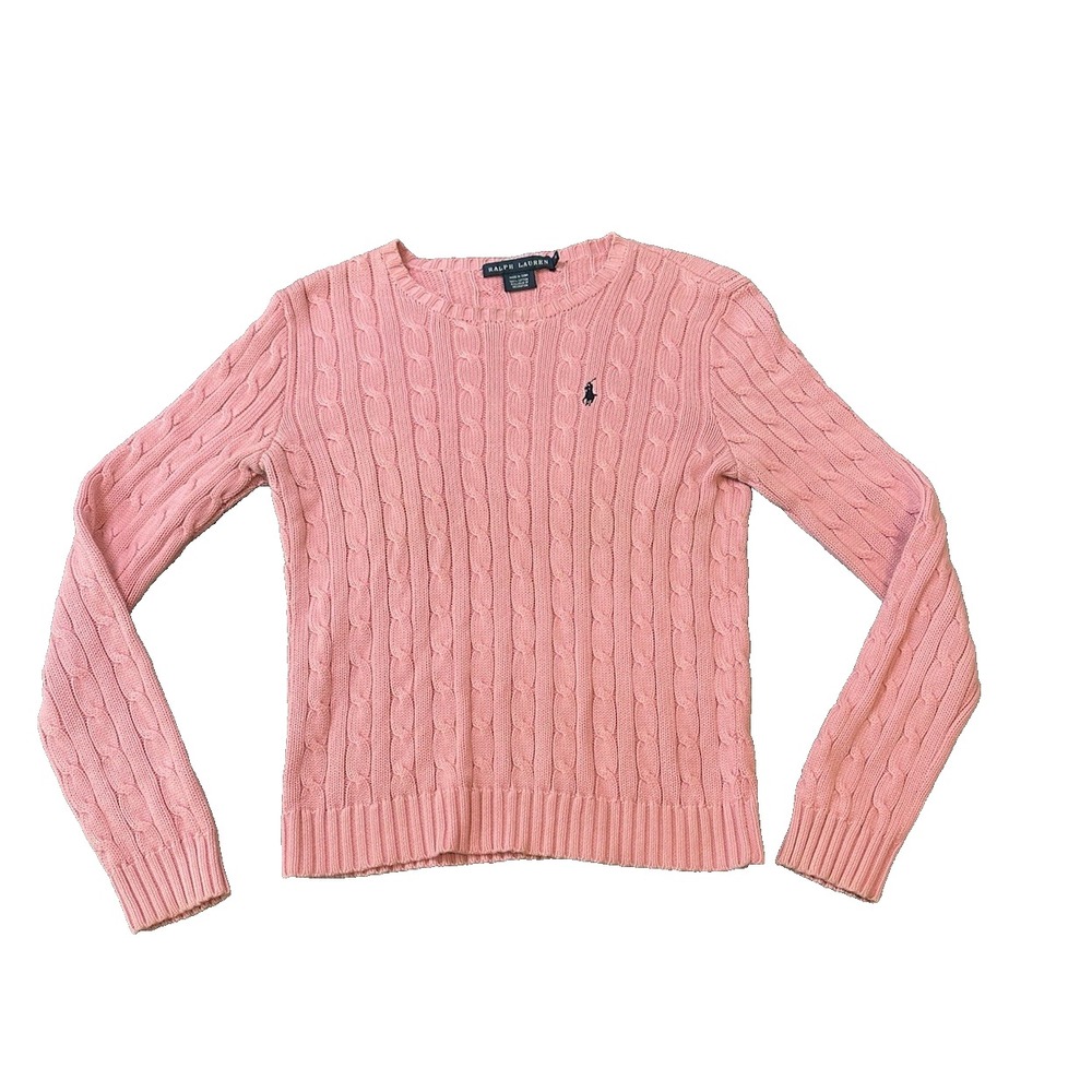 Ralph Lauren Preppy Womens Cable Knit Pink Sweater M Blue Pony Academia Coquette